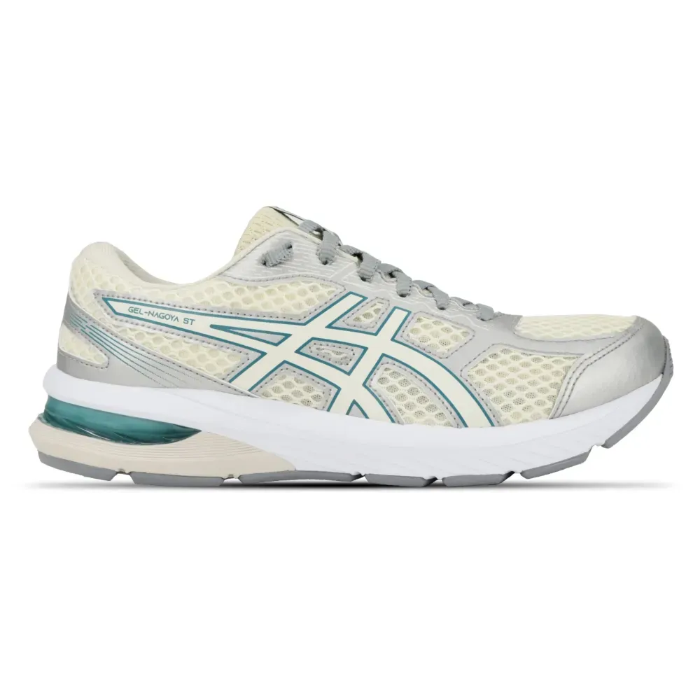 Tênis de corrida feminino Asics Gel-Nagoya ST na cor bege com detalhes em azul e solado branco e cinza